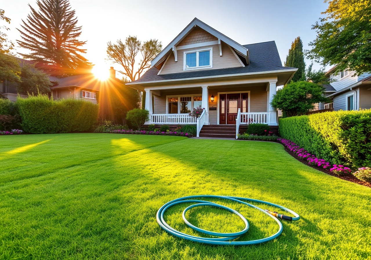 A manicured front yard in summer sunlight with lush green grass and blooming flowers