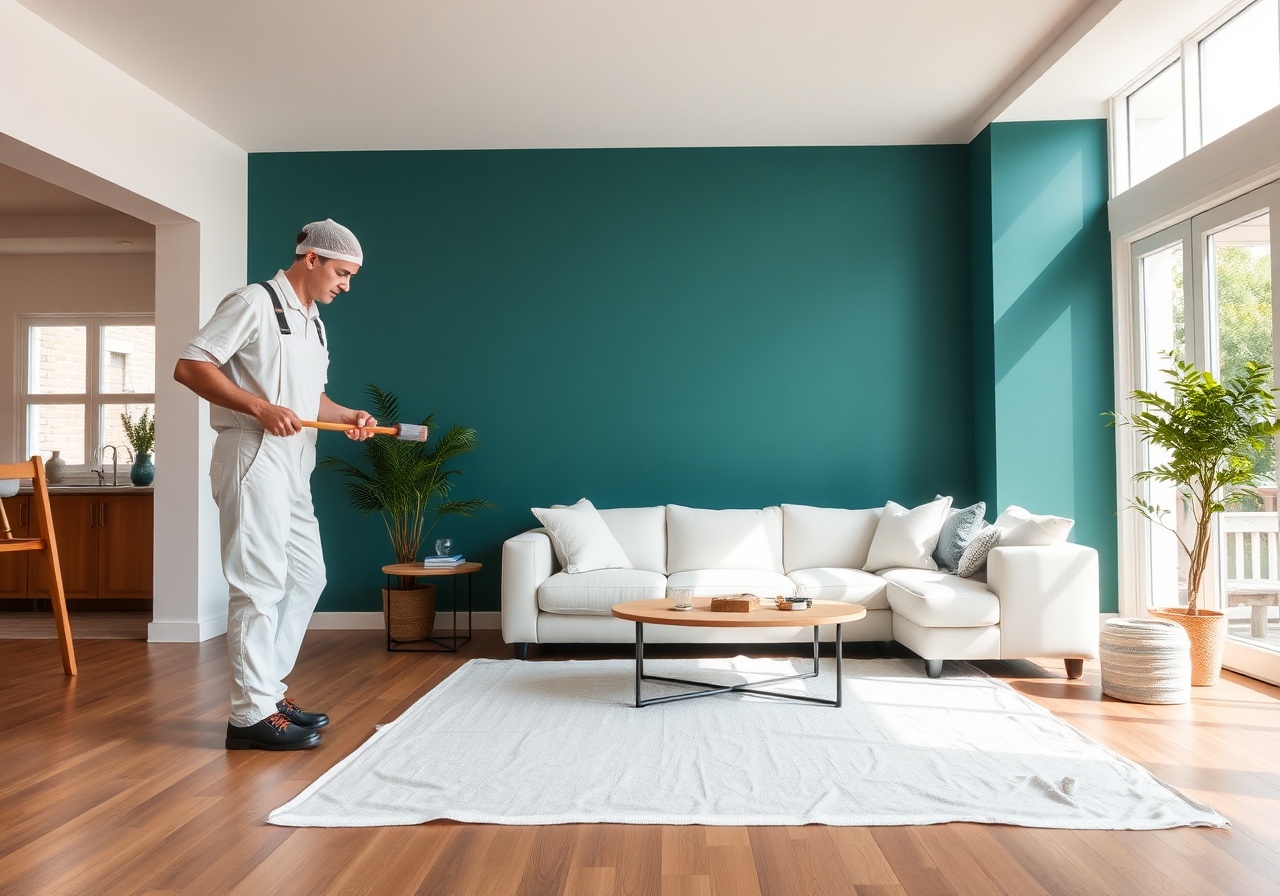 Professional painter applying a bold accent wall in a modern living room