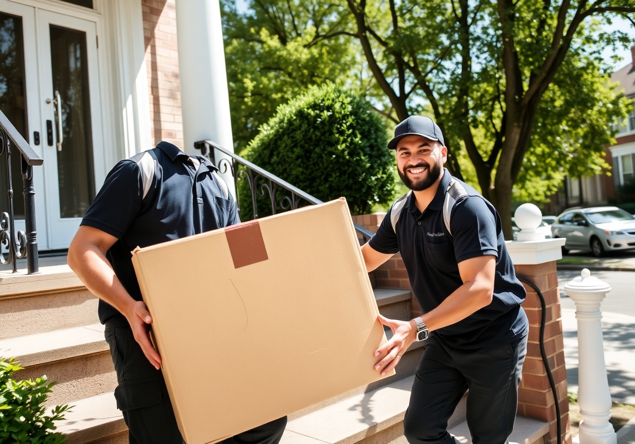 Professional moving crew carrying boxes up bright apartment stairs