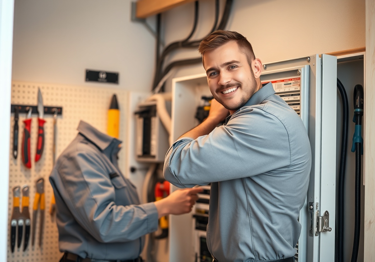 Licensed electrician installing a smart home panel in a bright modern home