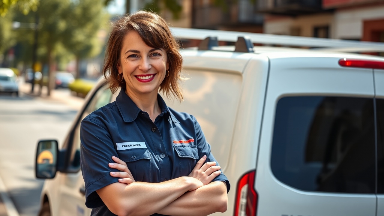 Confident tradesperson in branded gear