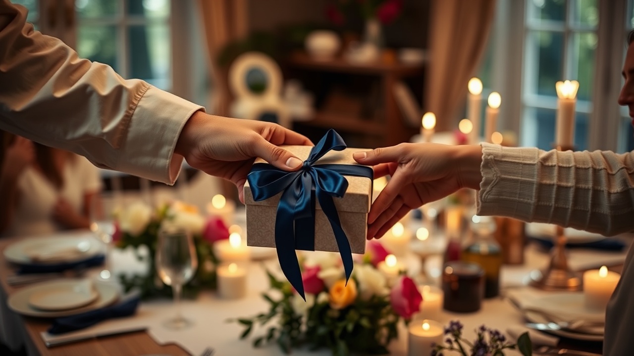 A person handing over a beautifully wrapped gift card at a dinner party