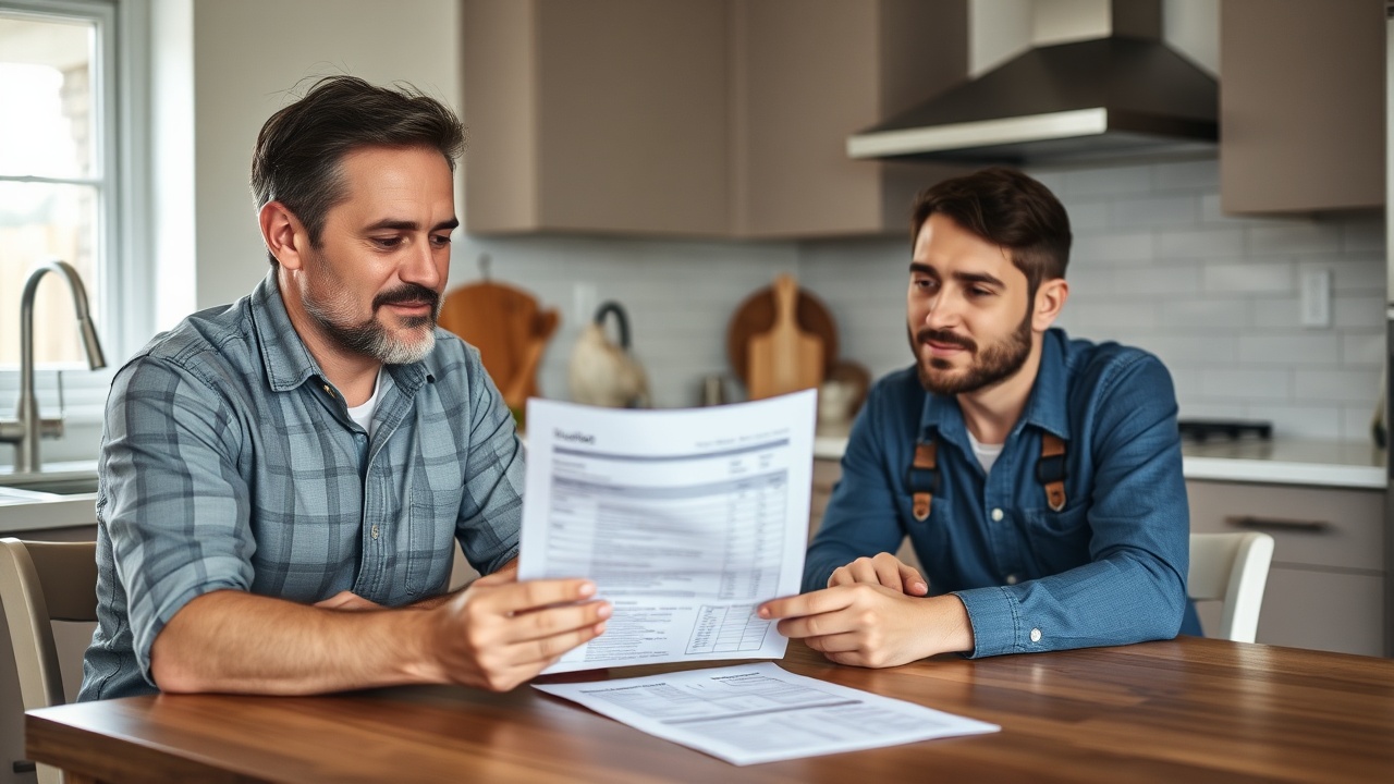 A licensed plumber reviewing paperwork at a kitchen table with a homeowner