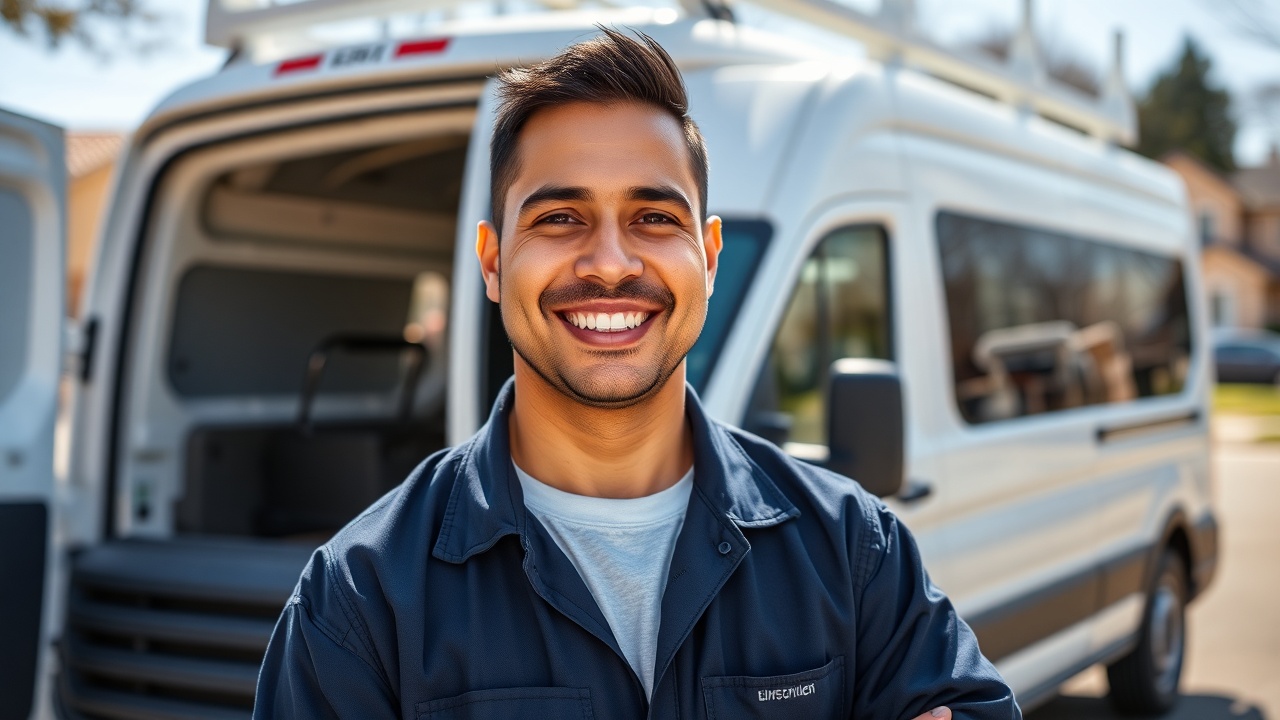 Marco Rodriguez, a Vexel cleaning professional, wearing his branded uniform standing in front of his van