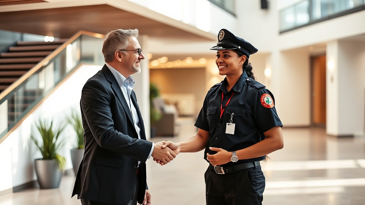 A property manager and a Vexel professional shaking hands in a modern apartment lobby